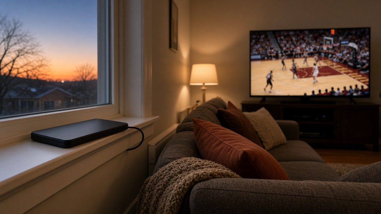 Indoor TV antenna on a windowsill in an Ohio living room with a TV showing a softly blurred basketball game, evening light, no logos or readable text