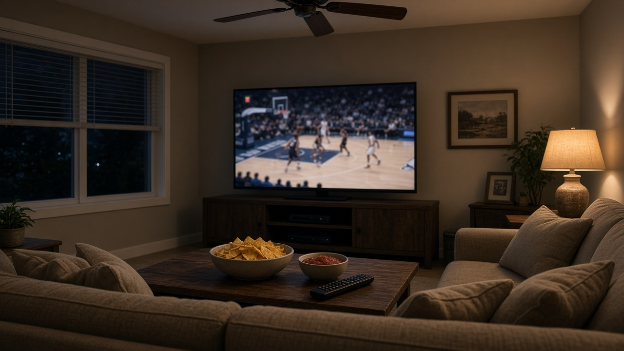 Family room in a Texas home at night with a TV showing a blurred basketball game, a remote and a bowl of chips on the coffee table