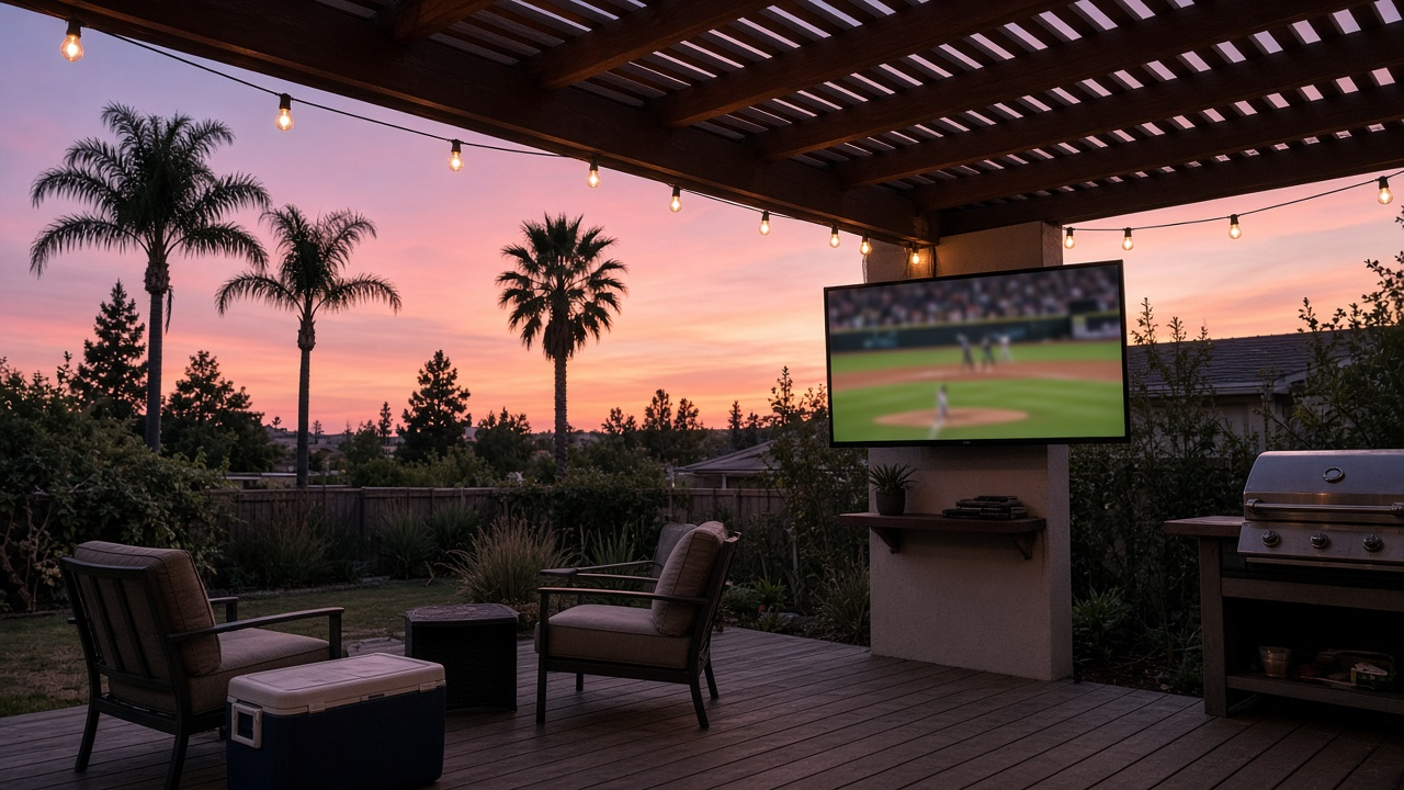 Southern California backyard patio at dusk with an outdoor TV showing a blurred baseball game and string lights overhead