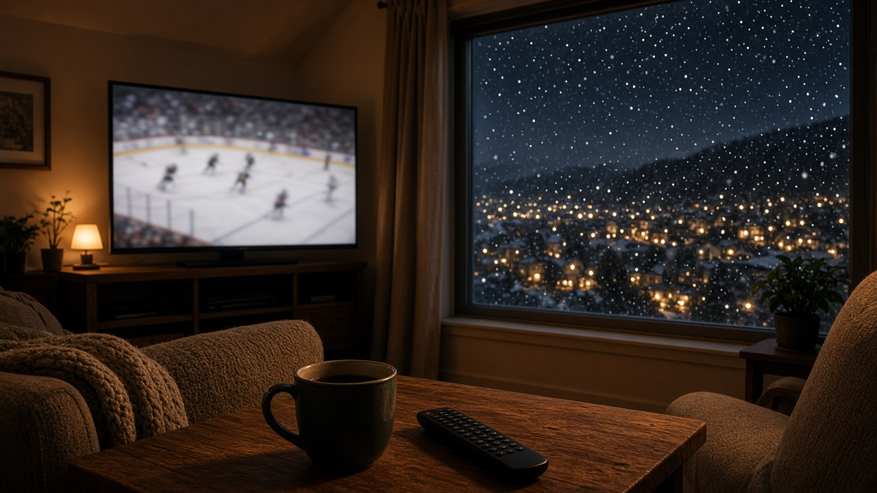Living room in a Pittsburgh-area home at night with a TV showing a blurred hockey game and a snowy view through the window
