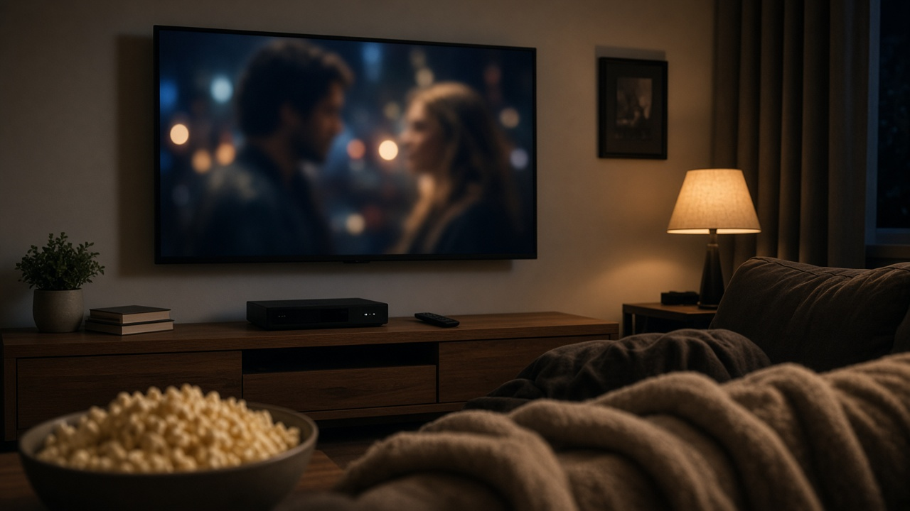 Cozy living room at night with a wall-mounted TV showing a blurred movie scene, a set-top box and remote on a wooden console, popcorn and blanket in the foreground