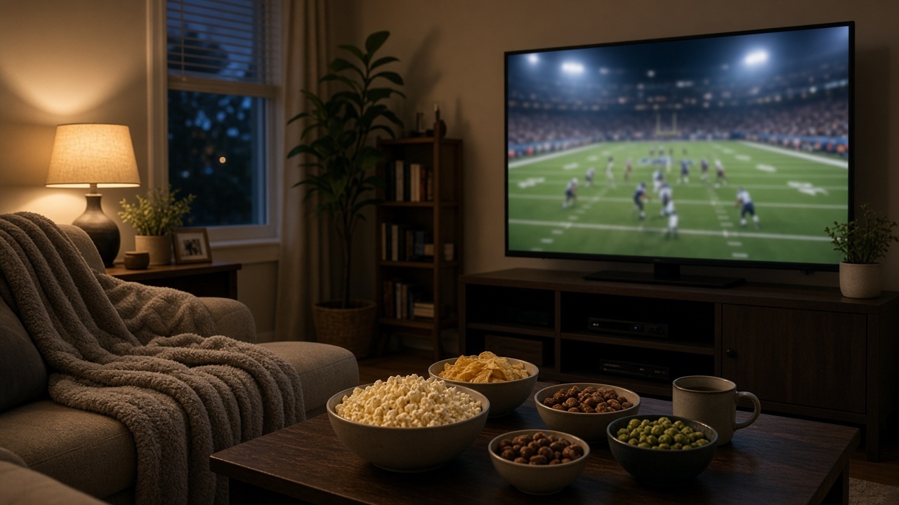 Family living room on a Sunday evening with a TV showing a softly blurred football game under stadium lights, snacks on the table, no logos or readable text