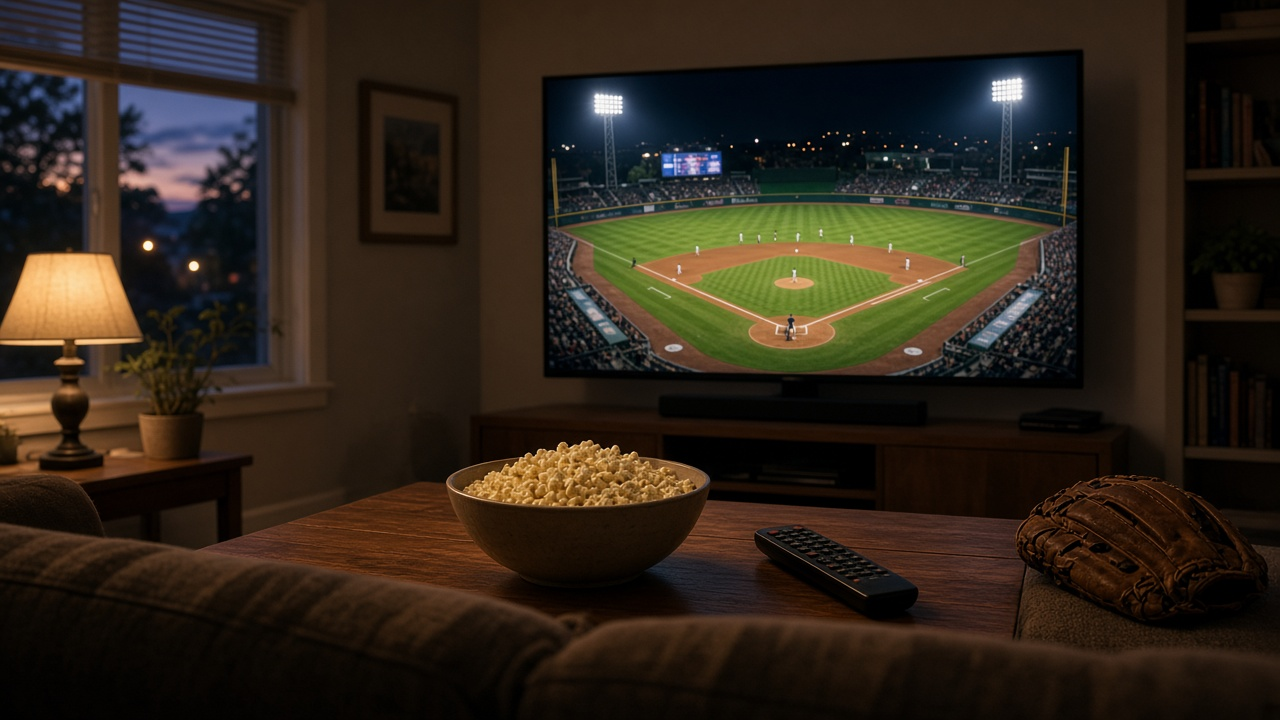 Living room at dusk with a TV showing a night baseball game, a bowl of popcorn, a remote and a baseball glove in the foreground