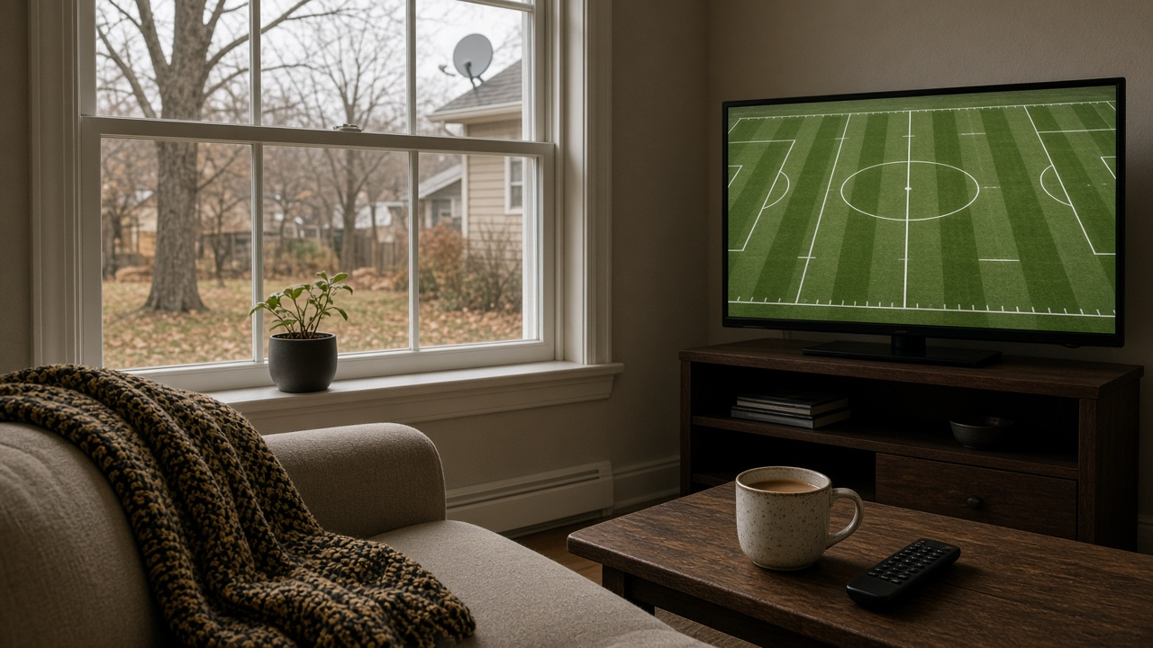 Autumn living room with a satellite dish visible outside the window, a TV showing an empty green field, a black and gold knit blanket and a mug of cider