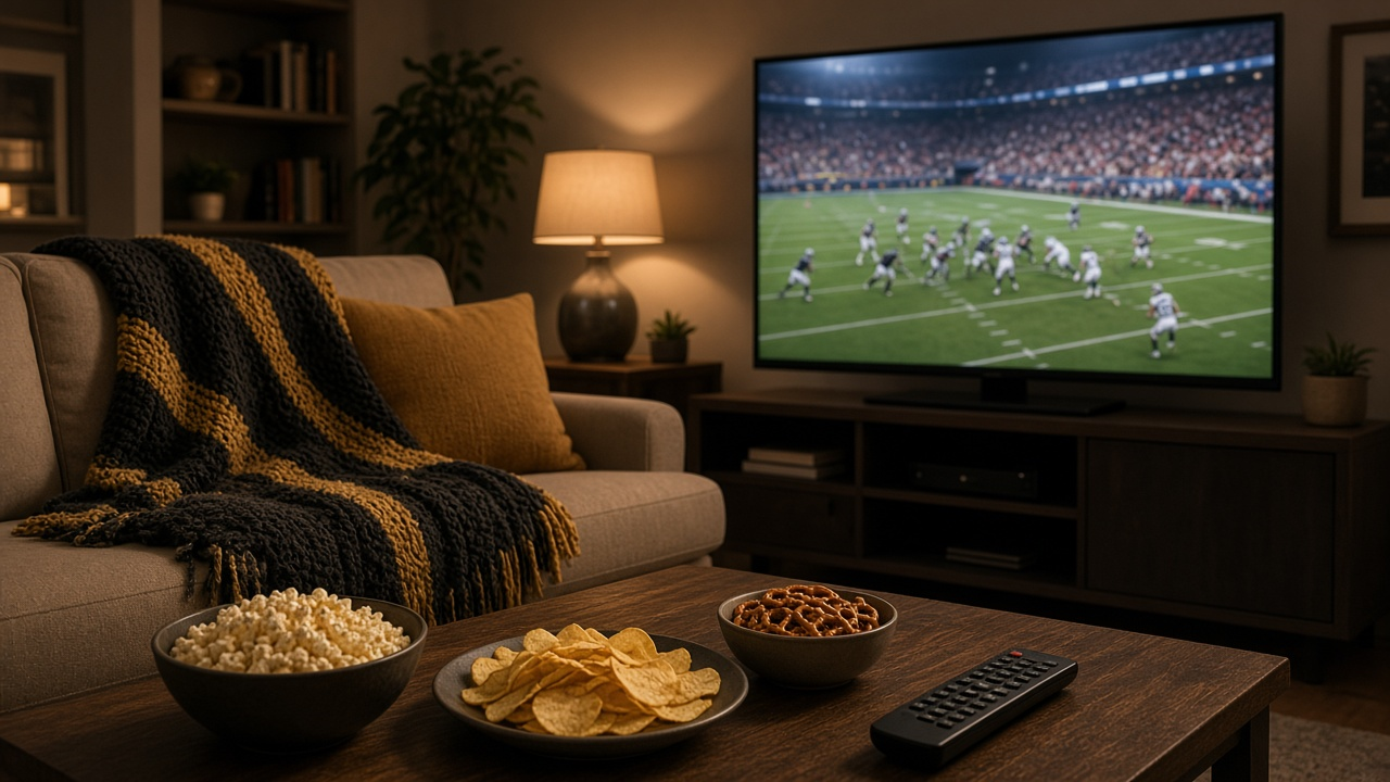 Living room TV showing a blurred football game under stadium lights with a black and gold blanket on the couch