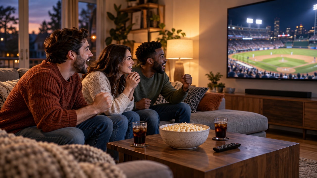 Friends on a sofa watching a baseball game on a large living room TV at dusk, with a remote and snacks on the coffee table