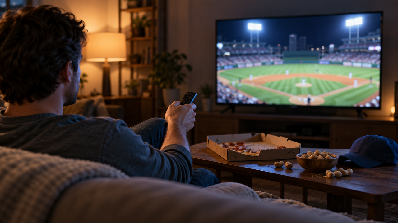 Person on a couch at night pointing a remote at a TV glowing with a blurred ballfield, pizza and peanuts on the coffee table