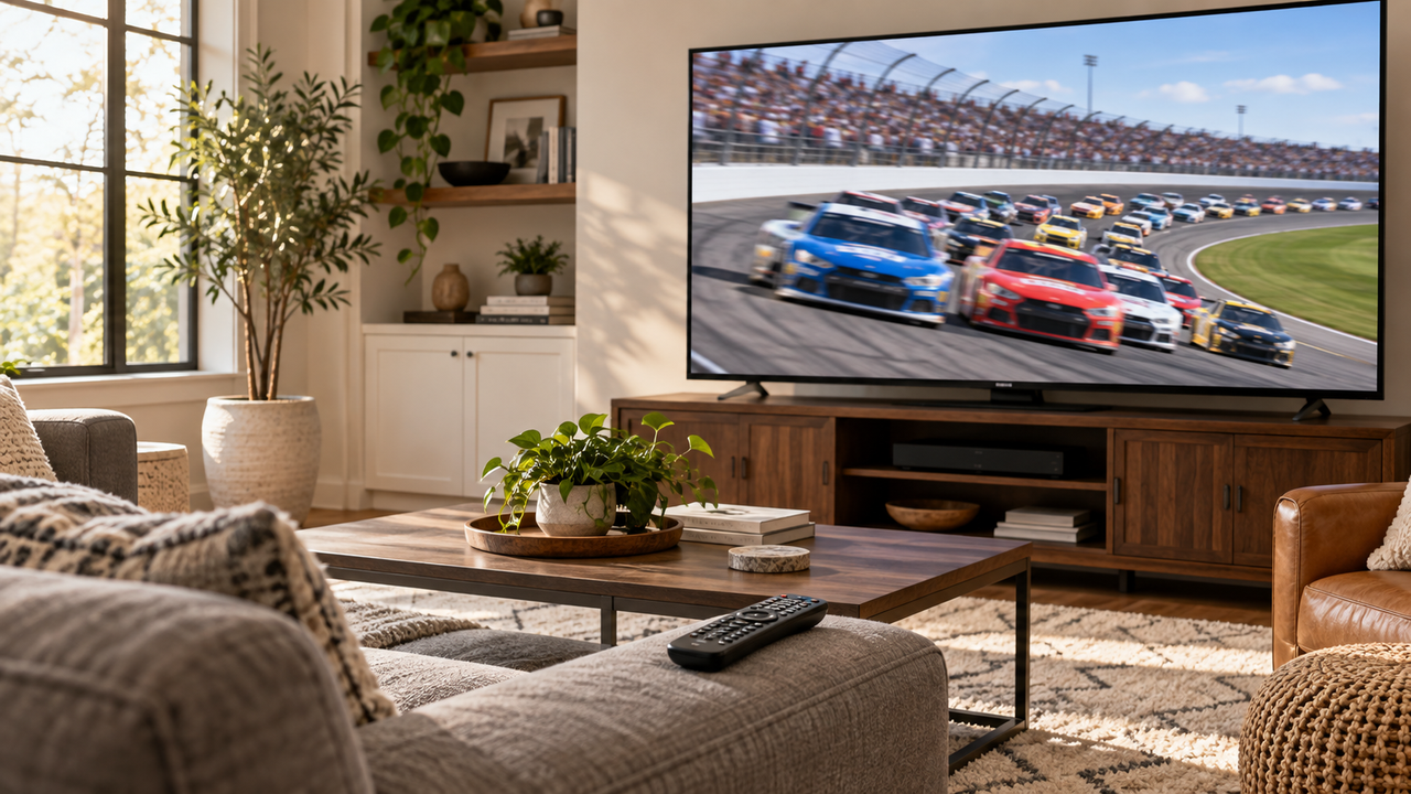 Family room TV showing a blurred stock car race with a cable remote on the arm of a sofa