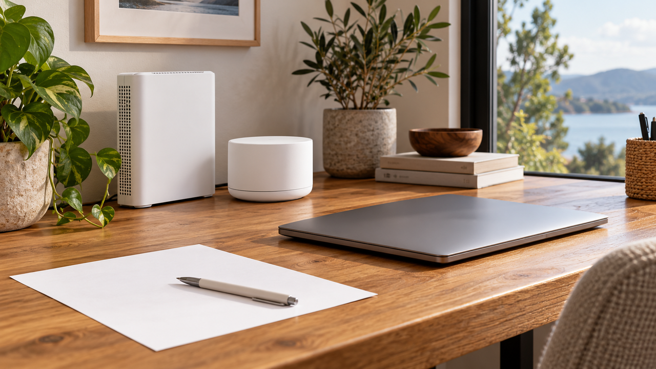 A white internet gateway and mesh unit beside a closed laptop, blank paper and pen on a wooden desk