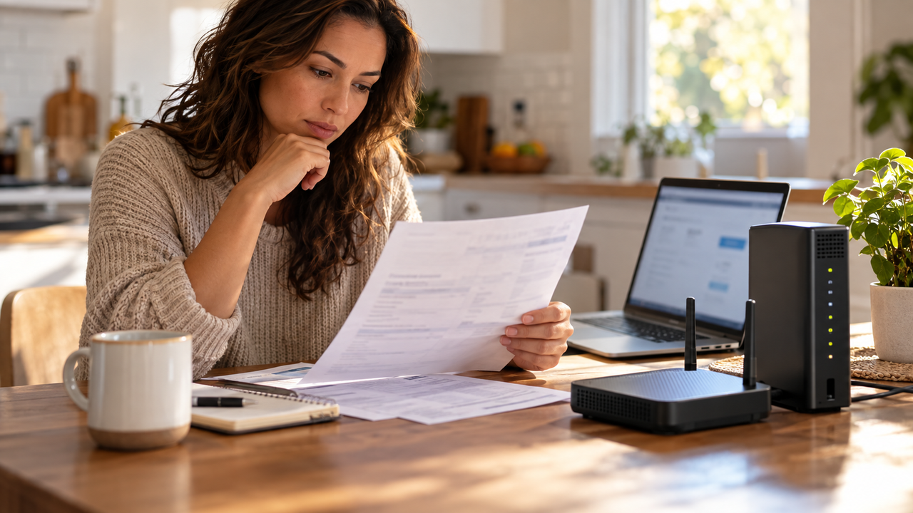 Person reviewing a printed internet bill and a calculator at a kitchen counter next to a Wi-Fi router