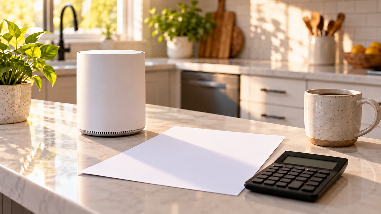 White home internet gateway, blank paper, calculator and coffee mug on a sunlit kitchen counter