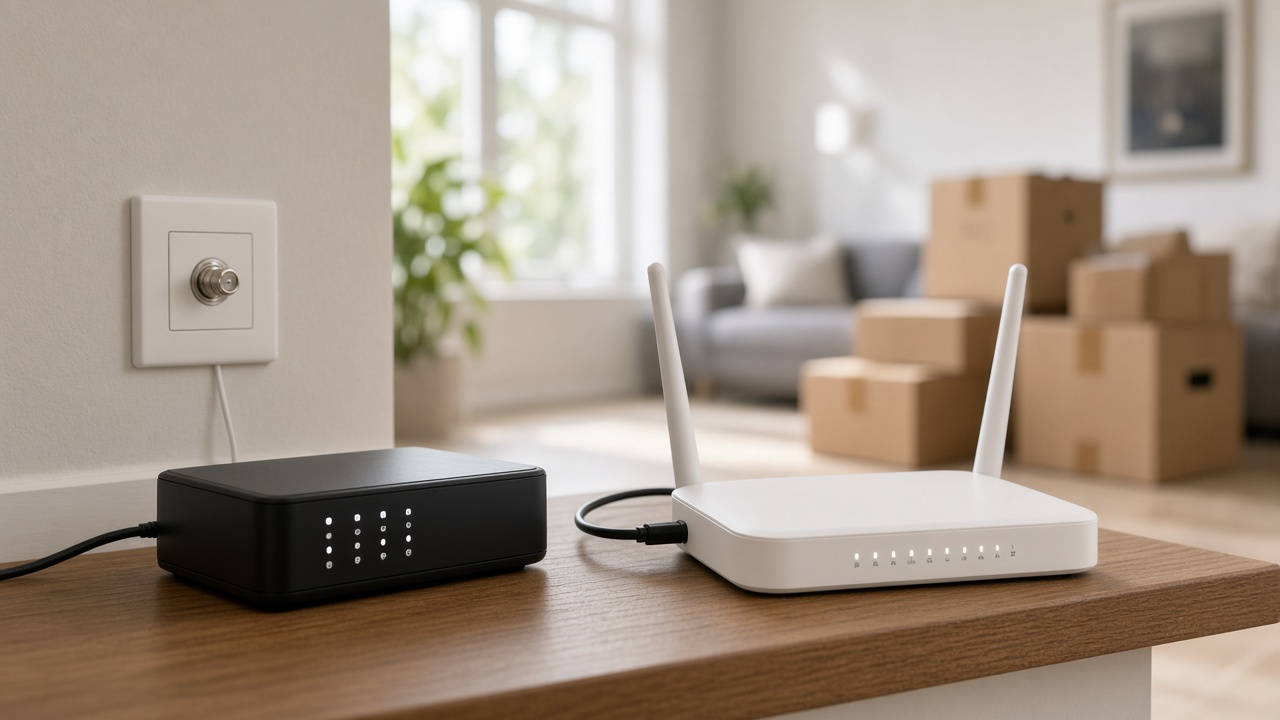 Modem and router on a wooden shelf in a living room beside a coaxial wall jack and a small potted plant, labels unreadable, no people or logos