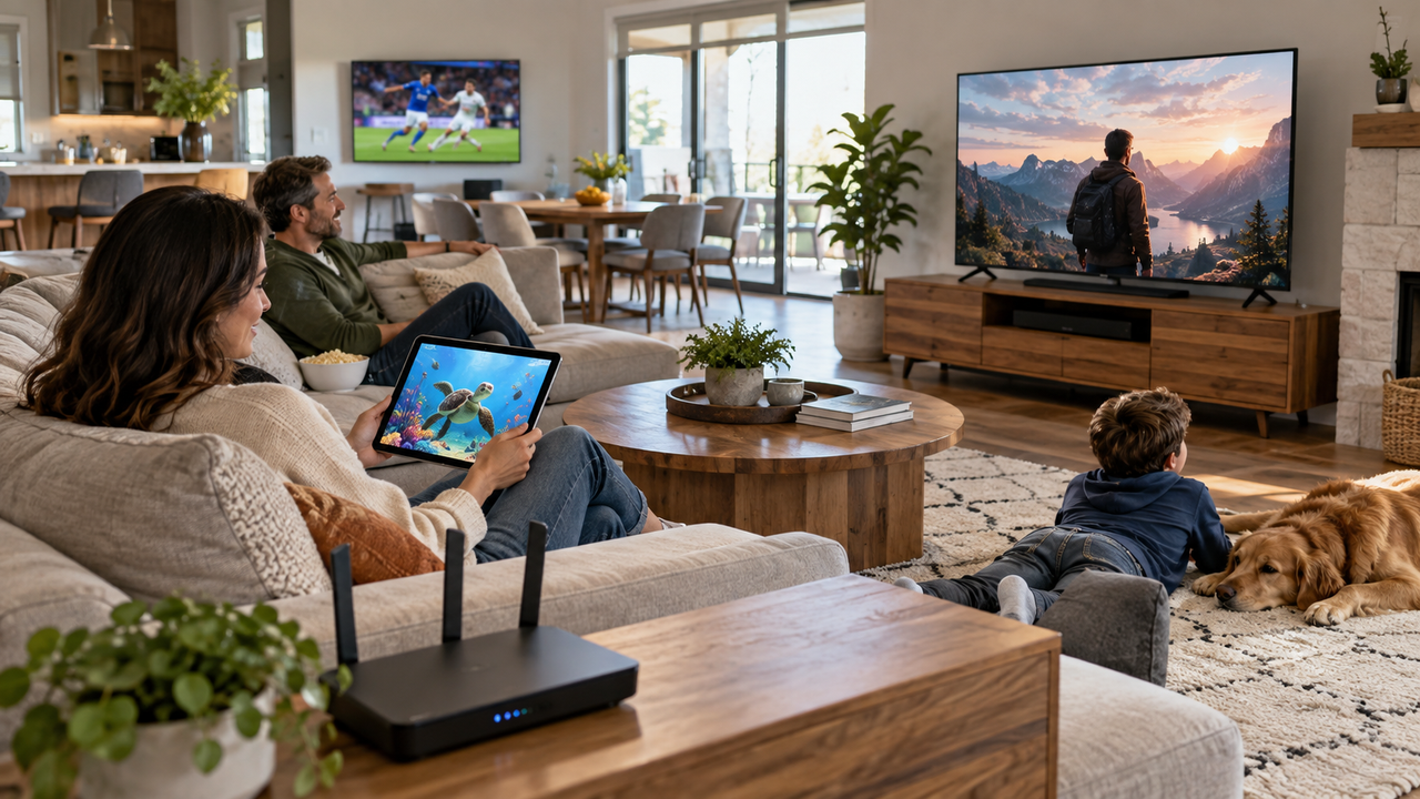 Living room with a 4K TV showing a streaming home screen, a tablet on the couch and a router on a side table