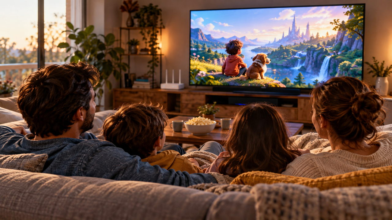 Family watching an animated movie on a large 4K TV in a cozy living room with a streaming stick plugged in