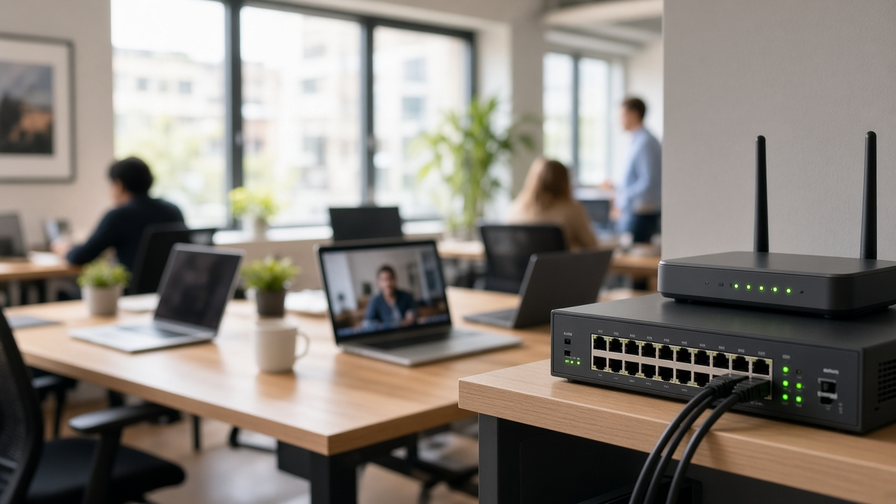 Small office with several people at laptops and a network switch with blinking lights