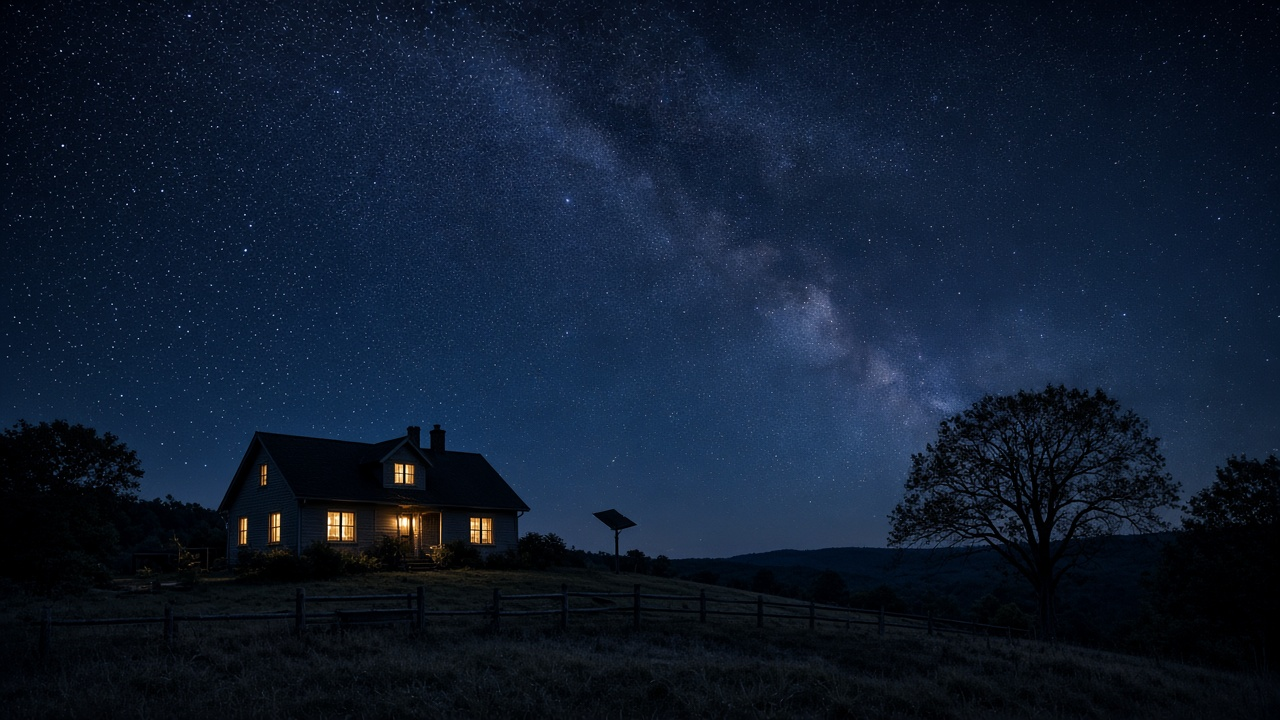 Satellite dish beside a quiet rural farmhouse at night under a clear, star-filled sky