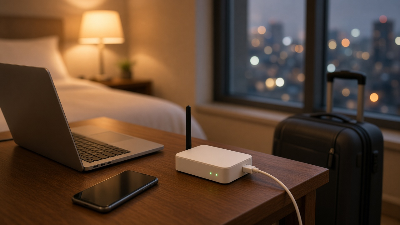 Small travel router on a hotel room desk next to a laptop, phone and suitcase in soft evening light