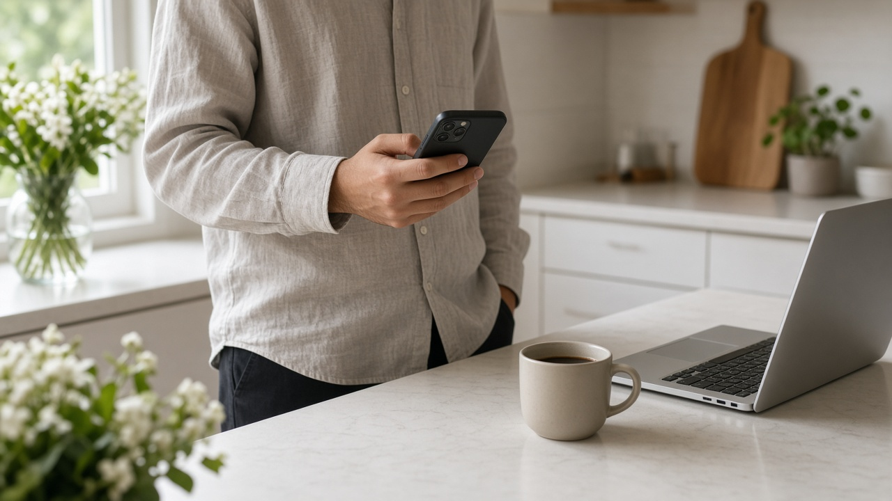 Person at a kitchen counter holding a smartphone beside a laptop and a cup of coffee, soft daylight