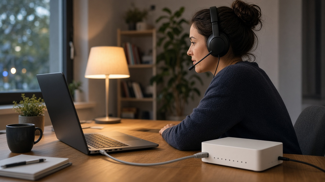 A person wearing a headset on a video call at a home desk with a laptop, an Ethernet cable running to a router on the desk, soft evening lamp light