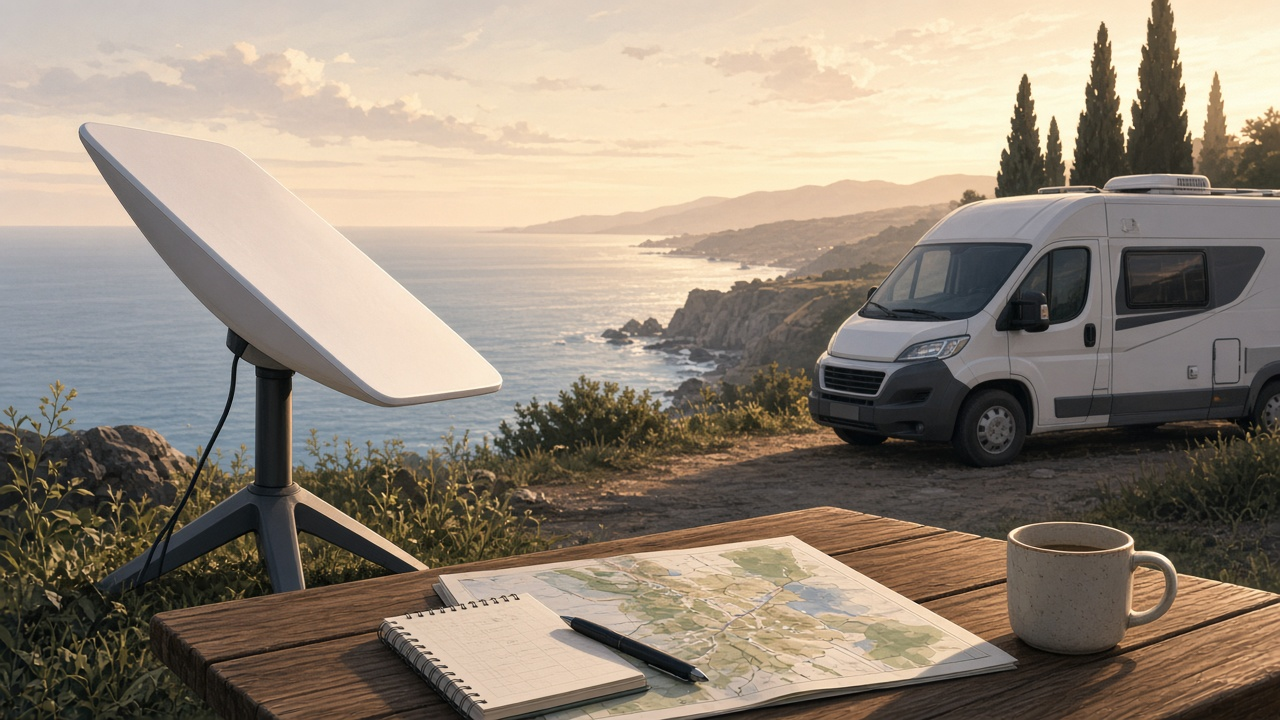 White satellite dish on a tripod beside a camper van at a coastal overlook with a map and coffee on a picnic table