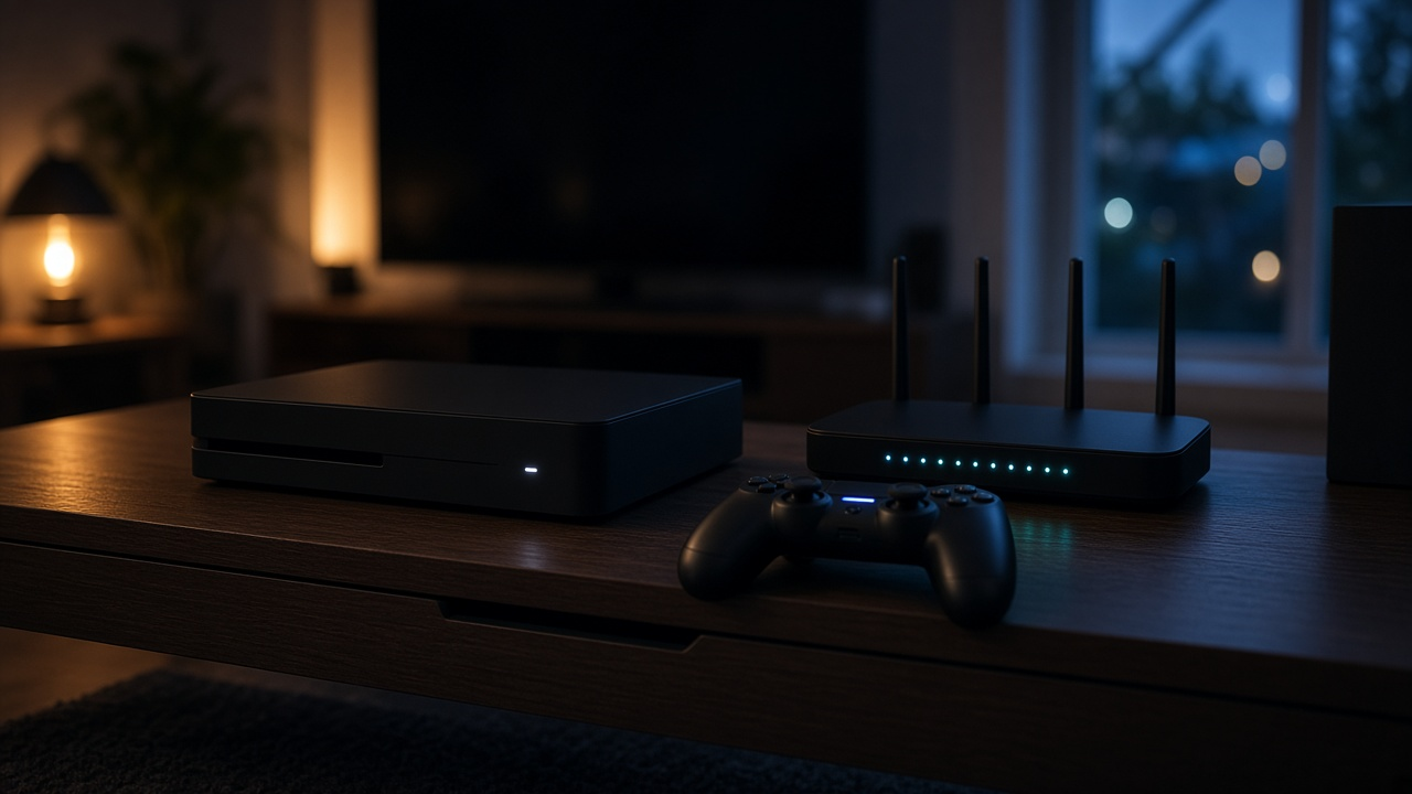 Game console and Wi-Fi router side by side on a TV stand with soft status lights glowing in a dim living room, no readable text, no people or logos