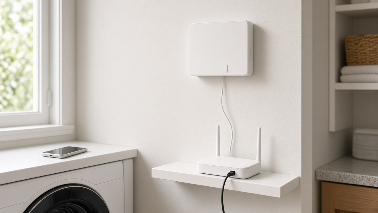 Small white fiber gateway on a hallway shelf beside a smartphone, with a fiber jack on the wall in a bright modern apartment, no logos