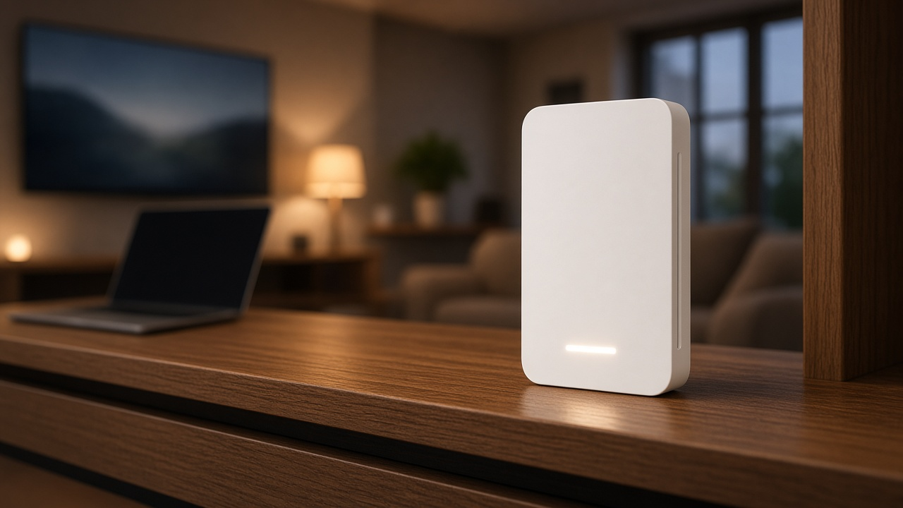 White next-generation wireless gateway on a wood table in a modern living room