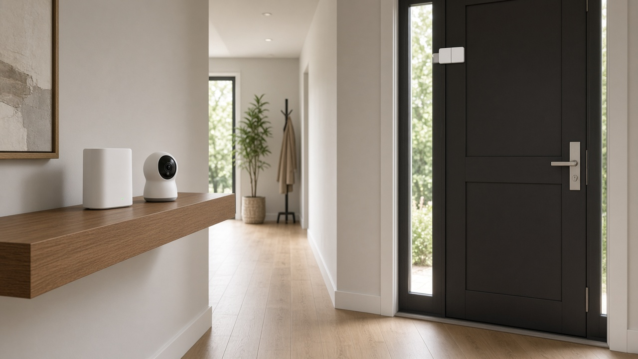 Modern home hallway with a white Wi-Fi gateway on a shelf, a small indoor camera nearby and a front door with a window sensor, soft daylight, no logos or readable text