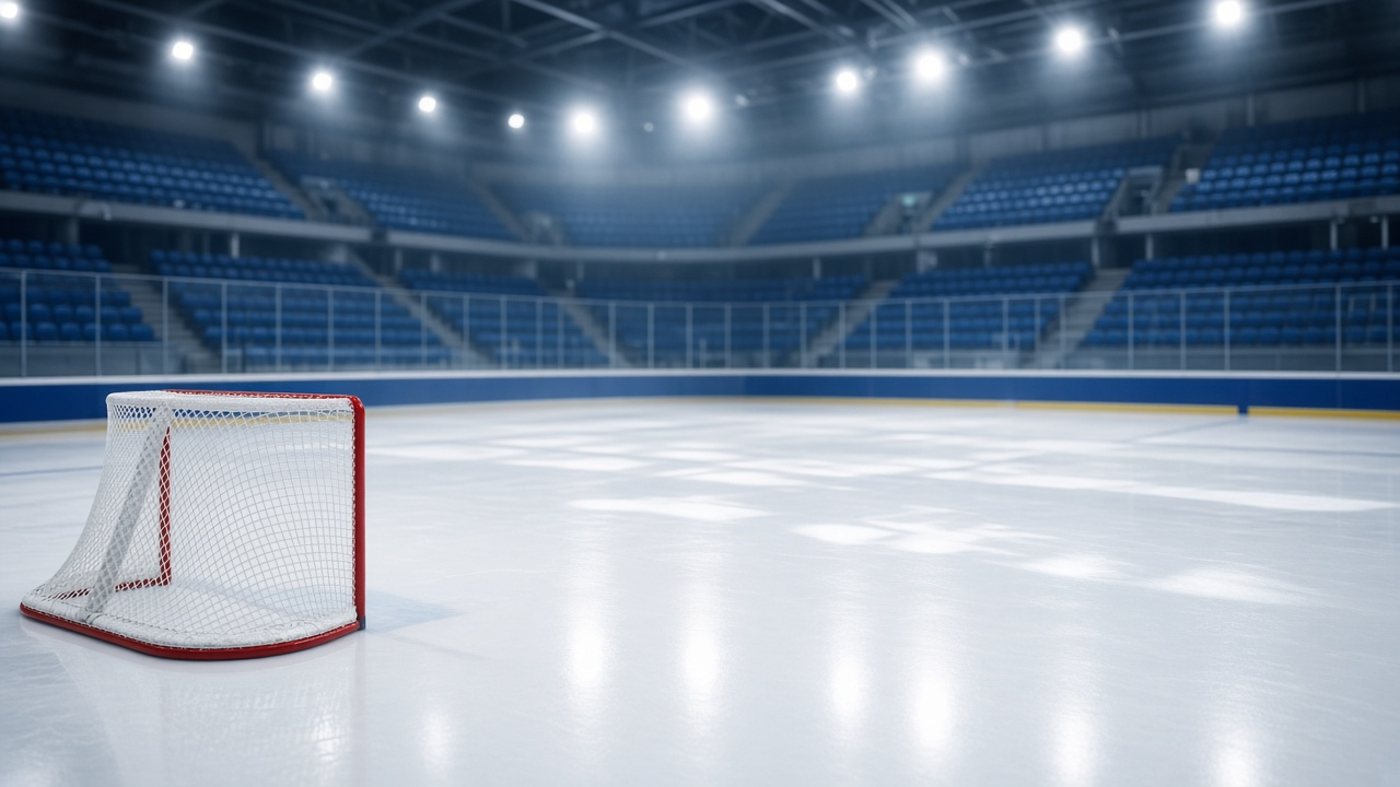 Empty hockey rink under bright arena lights with fresh ice and a net in the foreground, cool blue tones, no people, no logos or text