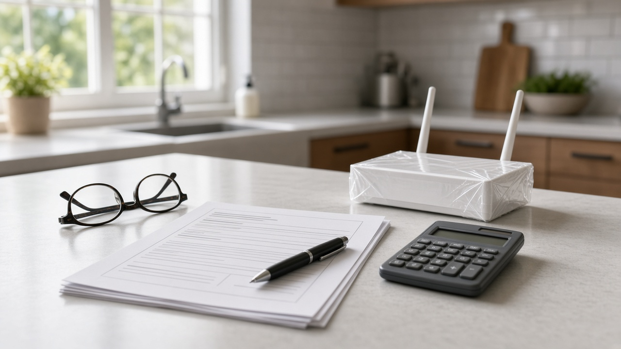 Person reviewing a printed agreement with a pen at a kitchen table beside a white router and a laptop, soft daylight, no logos or readable text