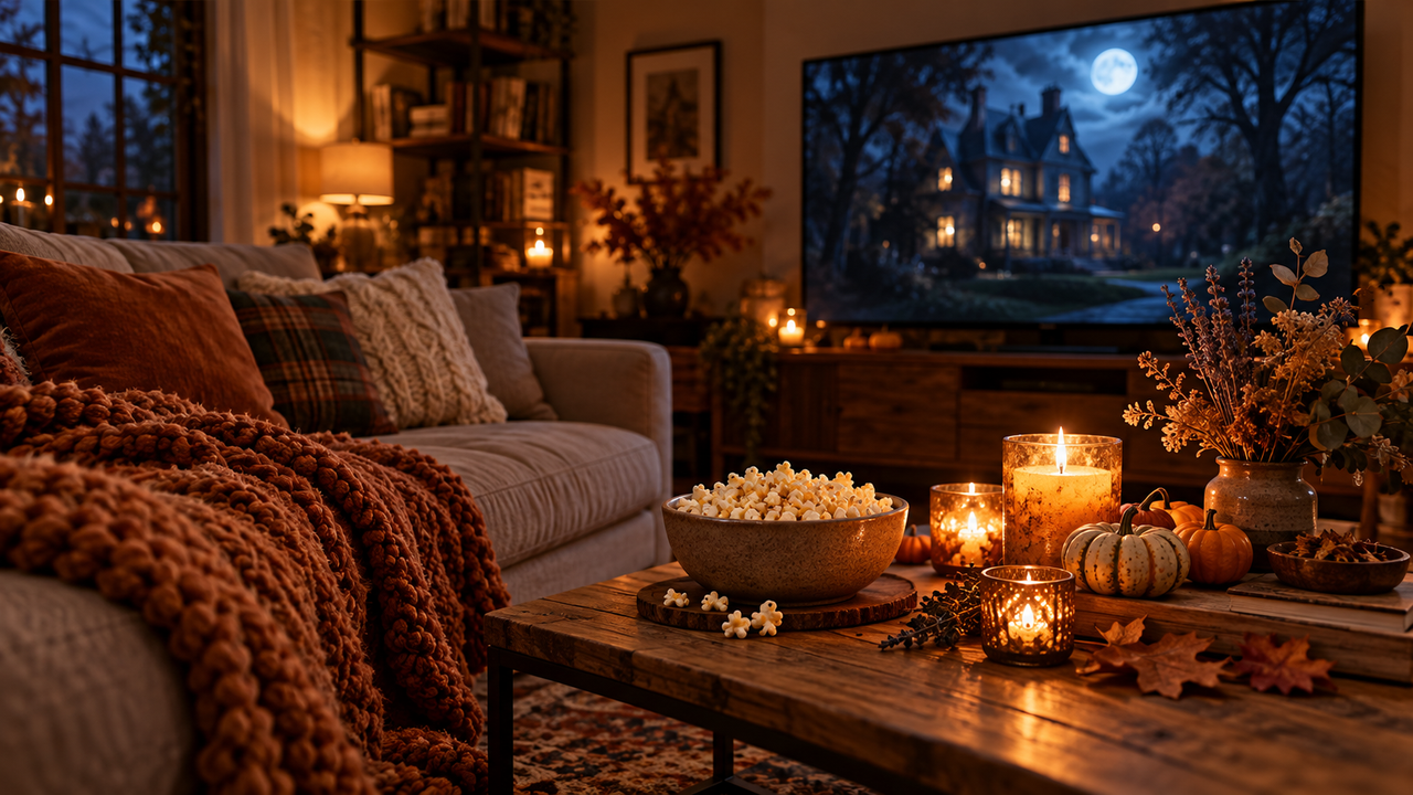 Cozy autumn living room movie night with candles, pumpkins and a TV glowing with a softly blurred moonlit house scene