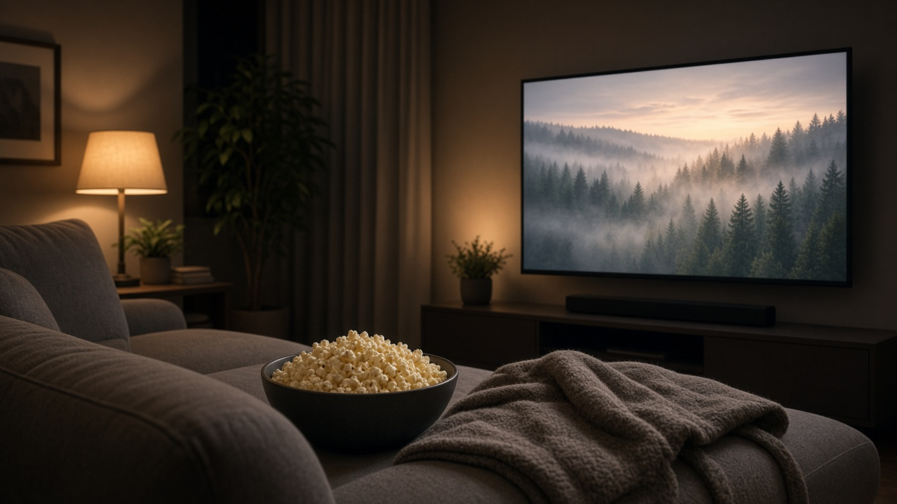 Cozy living room at night with a TV showing a softly blurred forest scene, a bowl of popcorn and a blanket on the couch, no logos or readable text