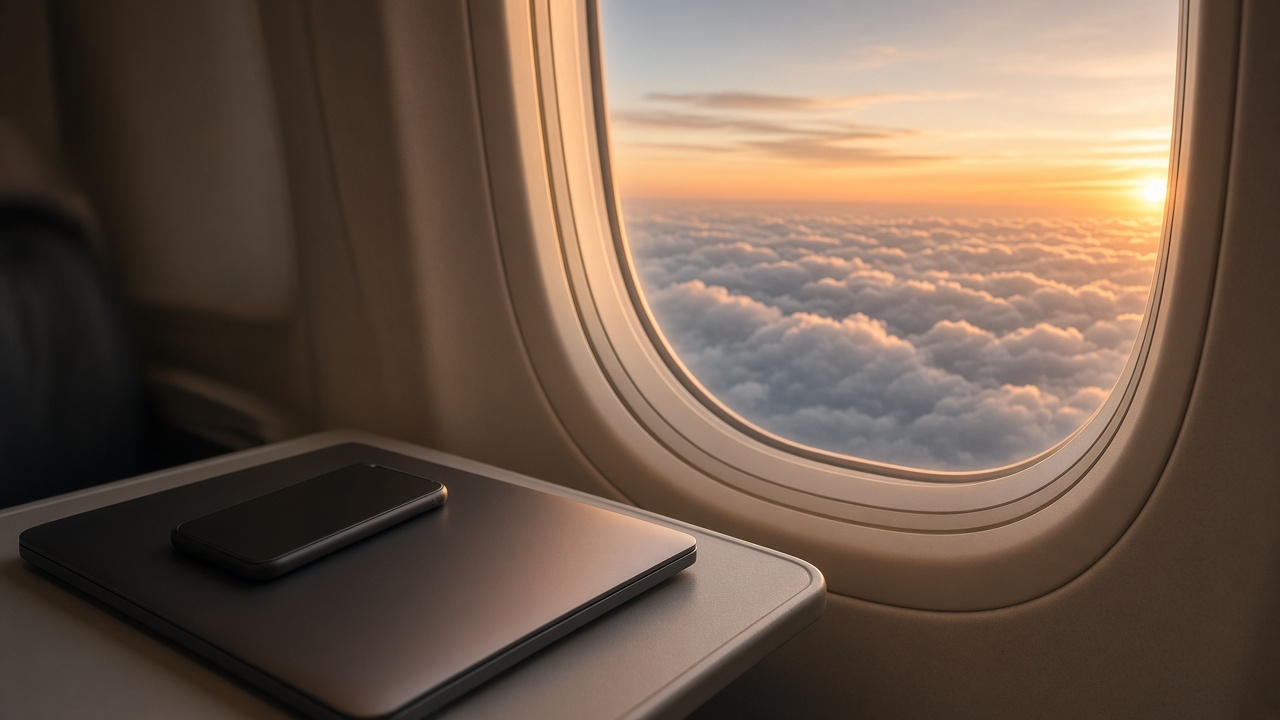 Airliner cabin window seat with a laptop on the tray table above the clouds at sunset, screen blank, no people or logos