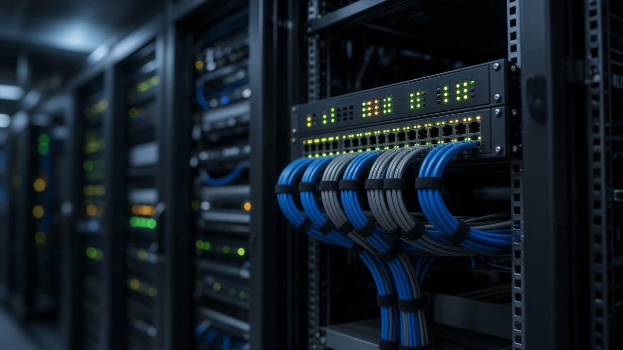 Server rack and network switch with blinking lights in a dim equipment room, cables neatly bundled, cool blue tones, no people, no readable text or logos