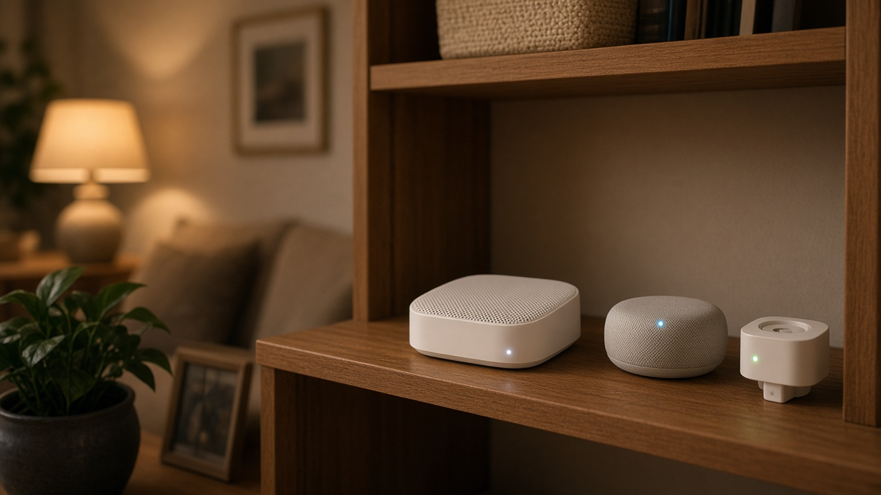 Living room shelf with a mesh Wi-Fi router, a smart speaker and a smart plug glowing softly in the evening, no screens readable, no people or logos