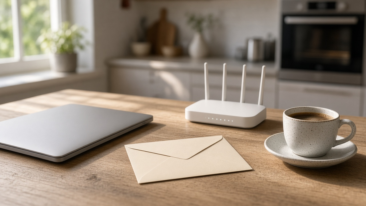 Kitchen table with a plain bill envelope, a laptop and a home router in morning light, no logos or readable text