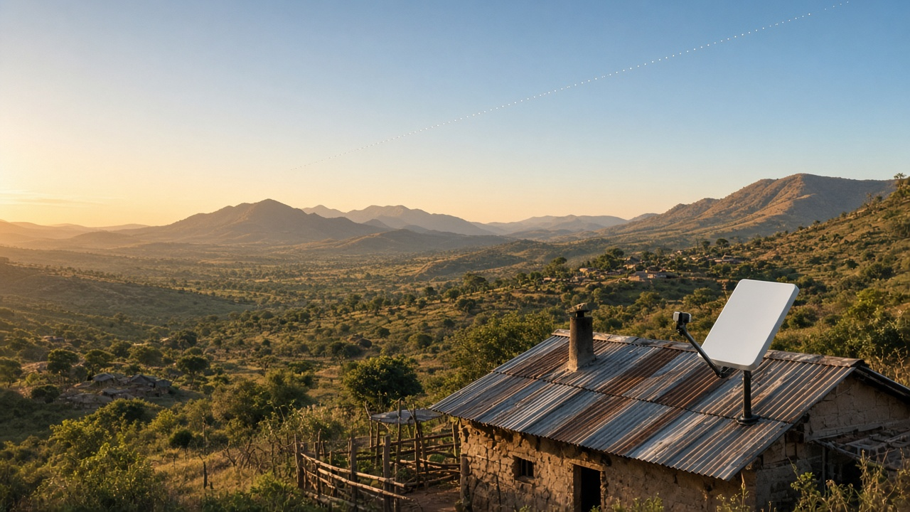 Satellite internet dish on a rural hillside home under a golden-hour sky with faint satellite trails