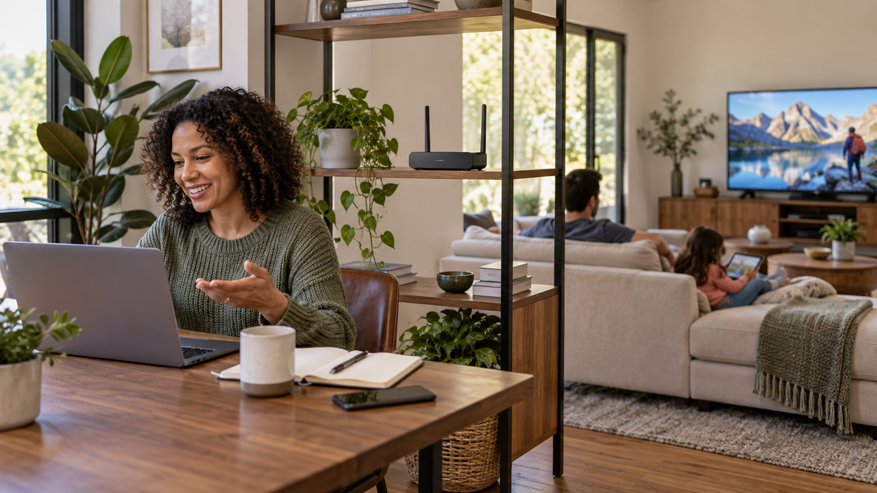 Wi-Fi router placed high on an open bookshelf in the middle of a home, with a laptop and phone nearby