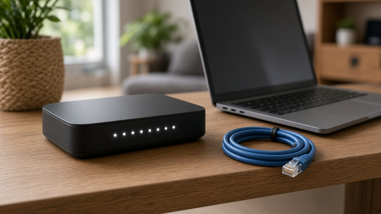 Home router with blinking lights on a living room shelf next to a laptop and a coiled Ethernet cable, soft daylight, no logos or readable text