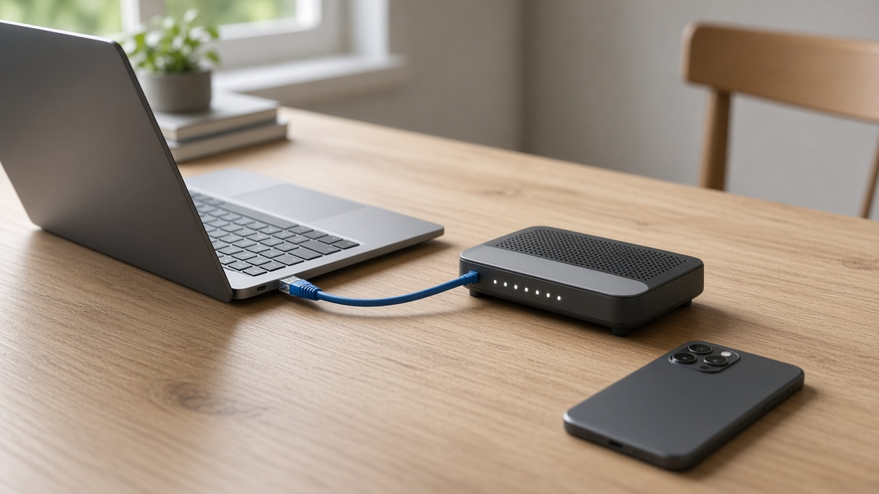 Ethernet cable plugged into a laptop next to a Wi-Fi router on a wooden desk during a speed test setup