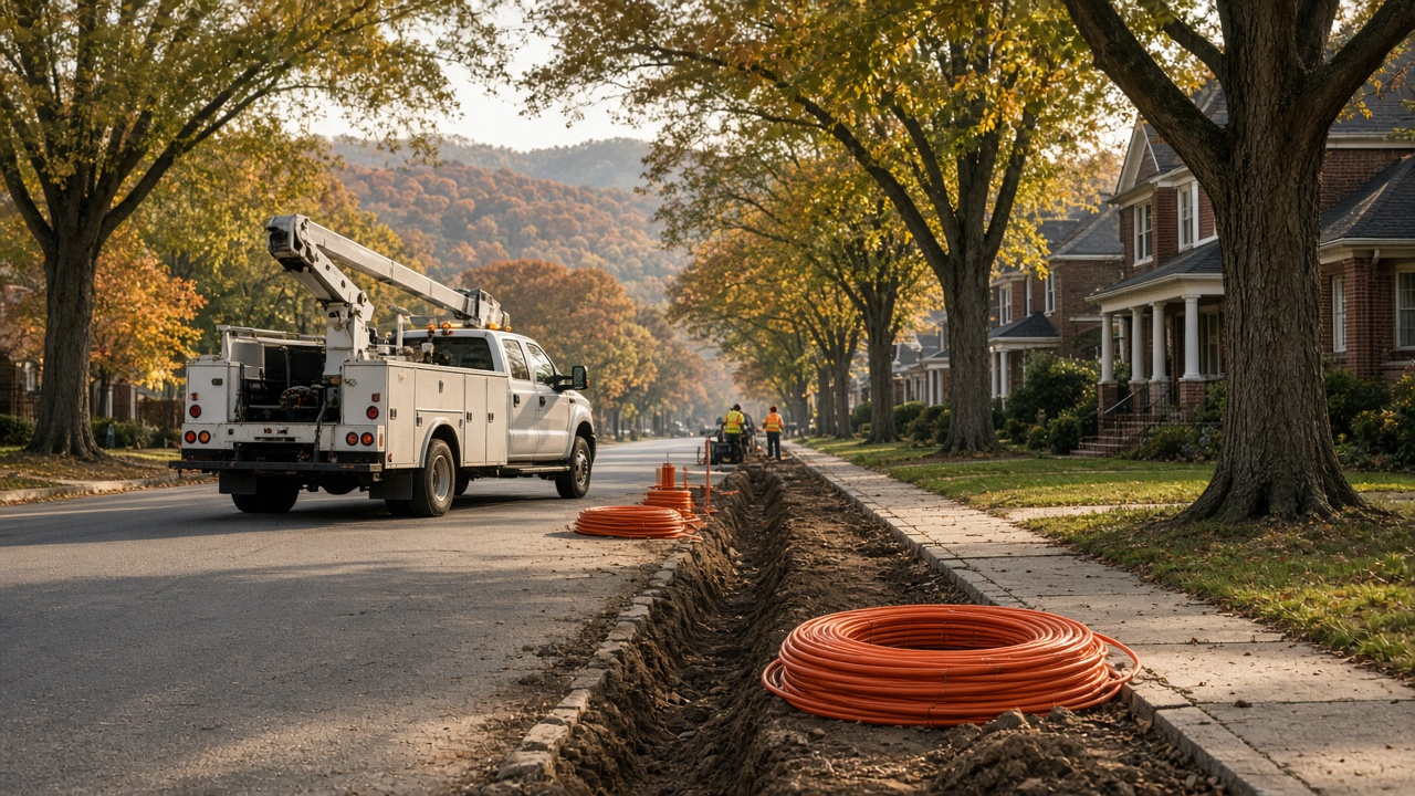 Fiber crew truck and orange conduit reels on a tree-lined residential street in the South Carolina Upstate