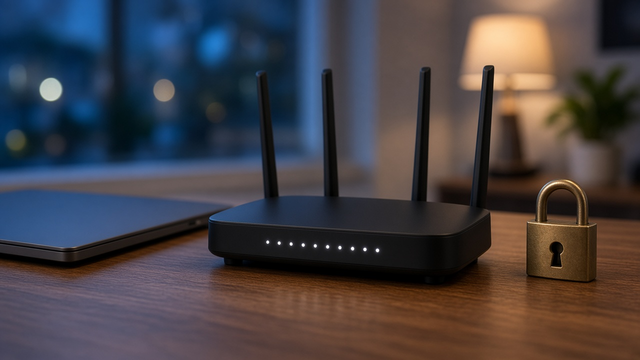 Close-up of a home Wi-Fi router with antennas on a desk beside a laptop, soft blue evening light, no readable text, no people or logos