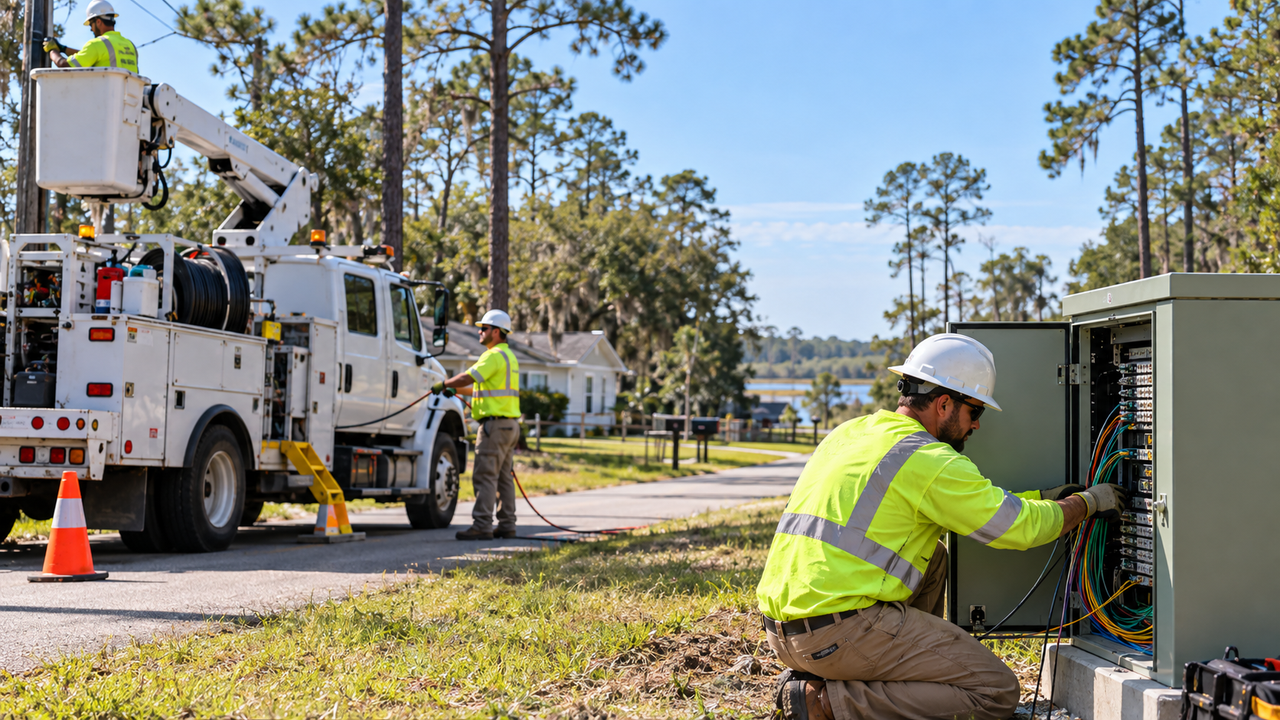 Rural Florida road lined with pine trees and utility poles carrying new cable lines toward a row of homes