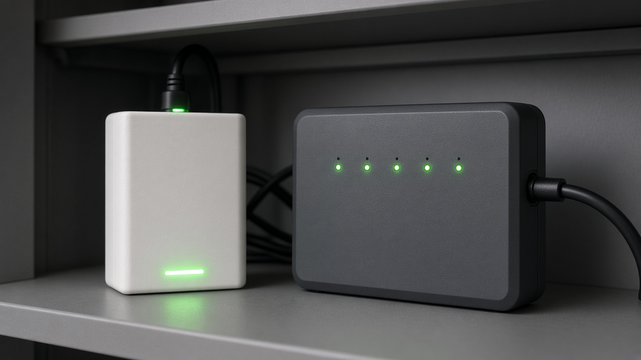 Split illustration of a glowing fiber strand to an ONT beside a neighborhood coax node and cable modem