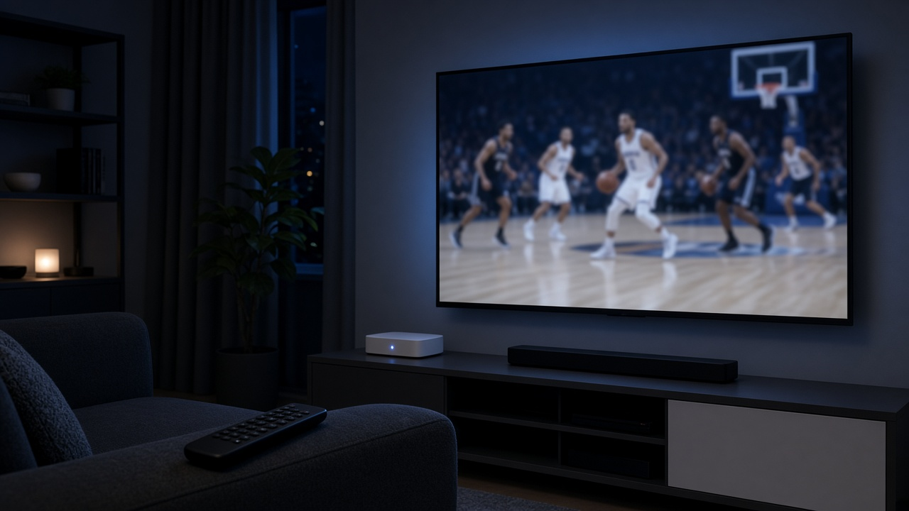 Living room TV showing a blurred basketball game with a small white gateway glowing on the media console