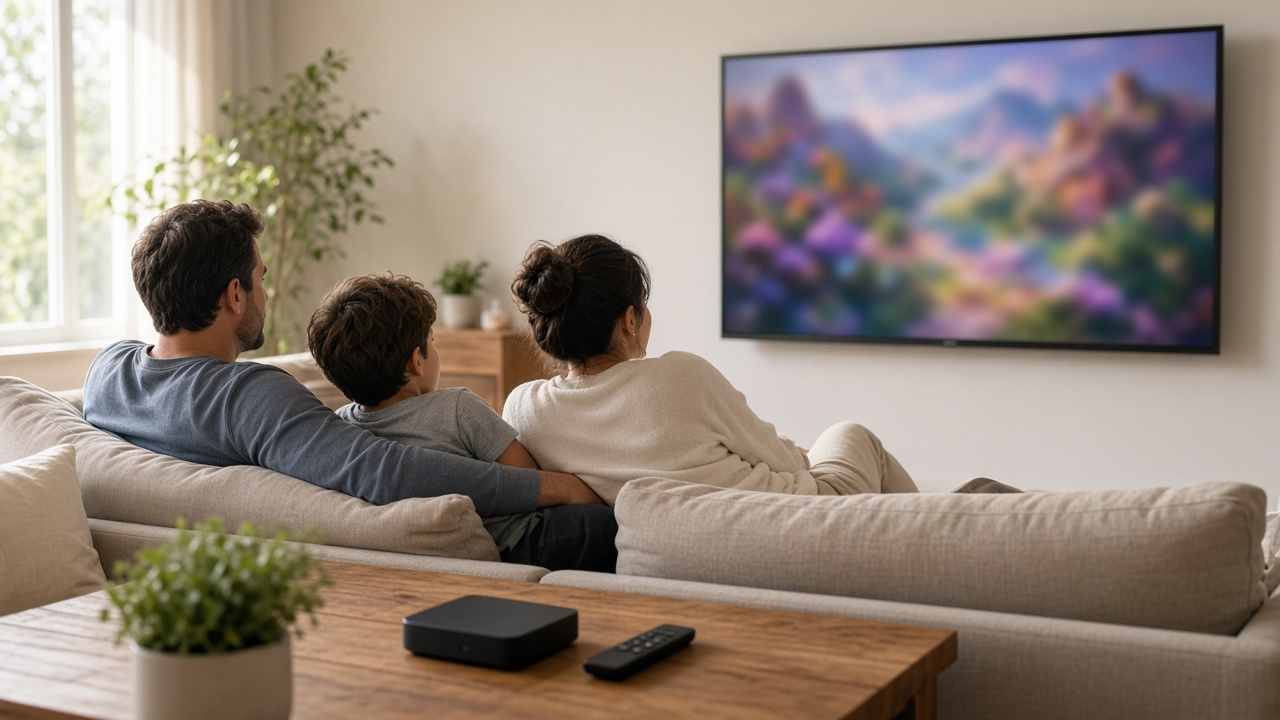 A family relaxing on a sofa in a bright living room watching a show on a wall-mounted TV, a small streaming box and remote on the coffee table