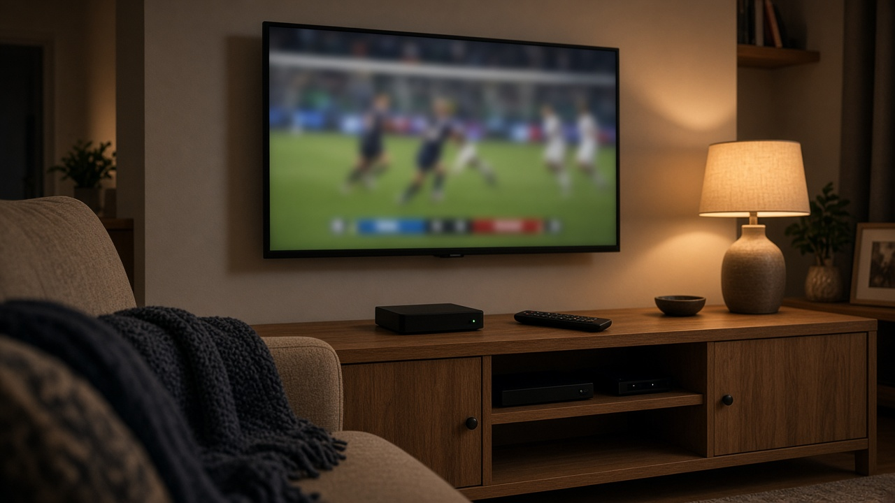 Family living room with a large TV showing a blurred live football game, a small set-top box and remote on a wooden console, no logos or readable text