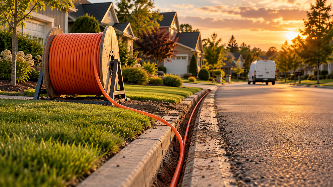 Orange fiber-conduit spool beside a curbside trench on a suburban street at sunset, with homes and an unmarked white van in the distance