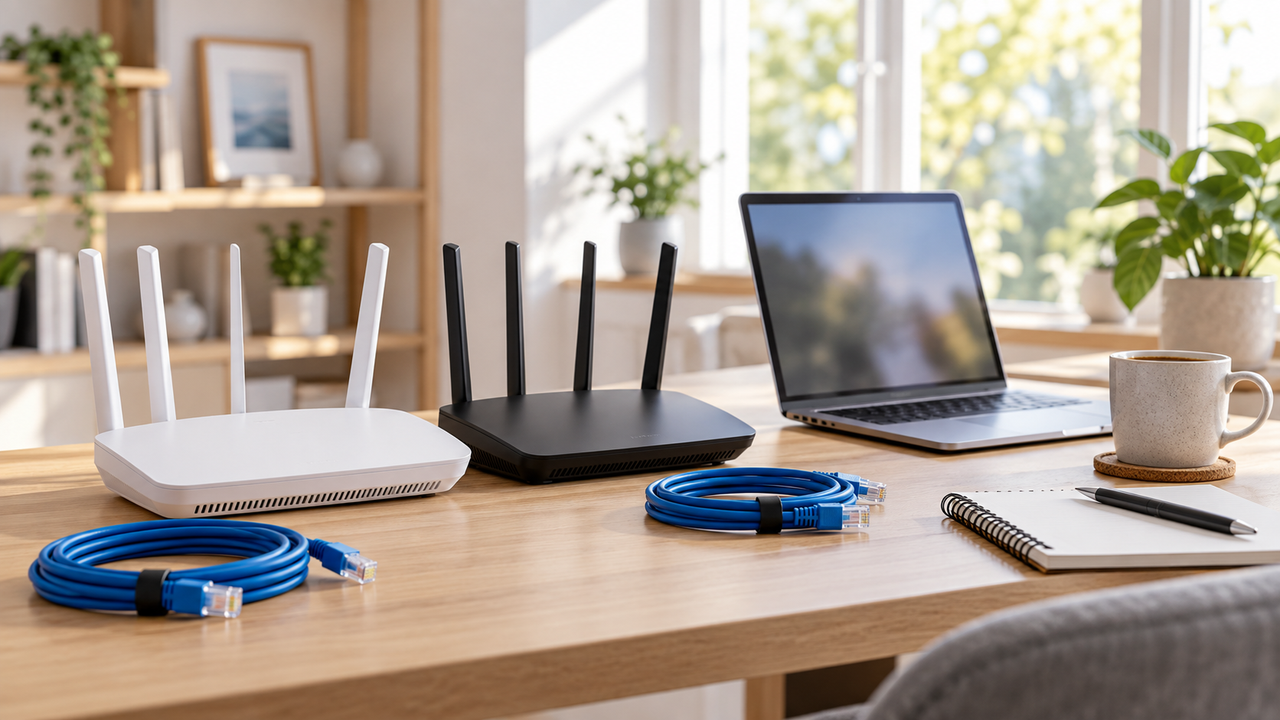 Two home routers side by side on a desk with network cables in a bright home office