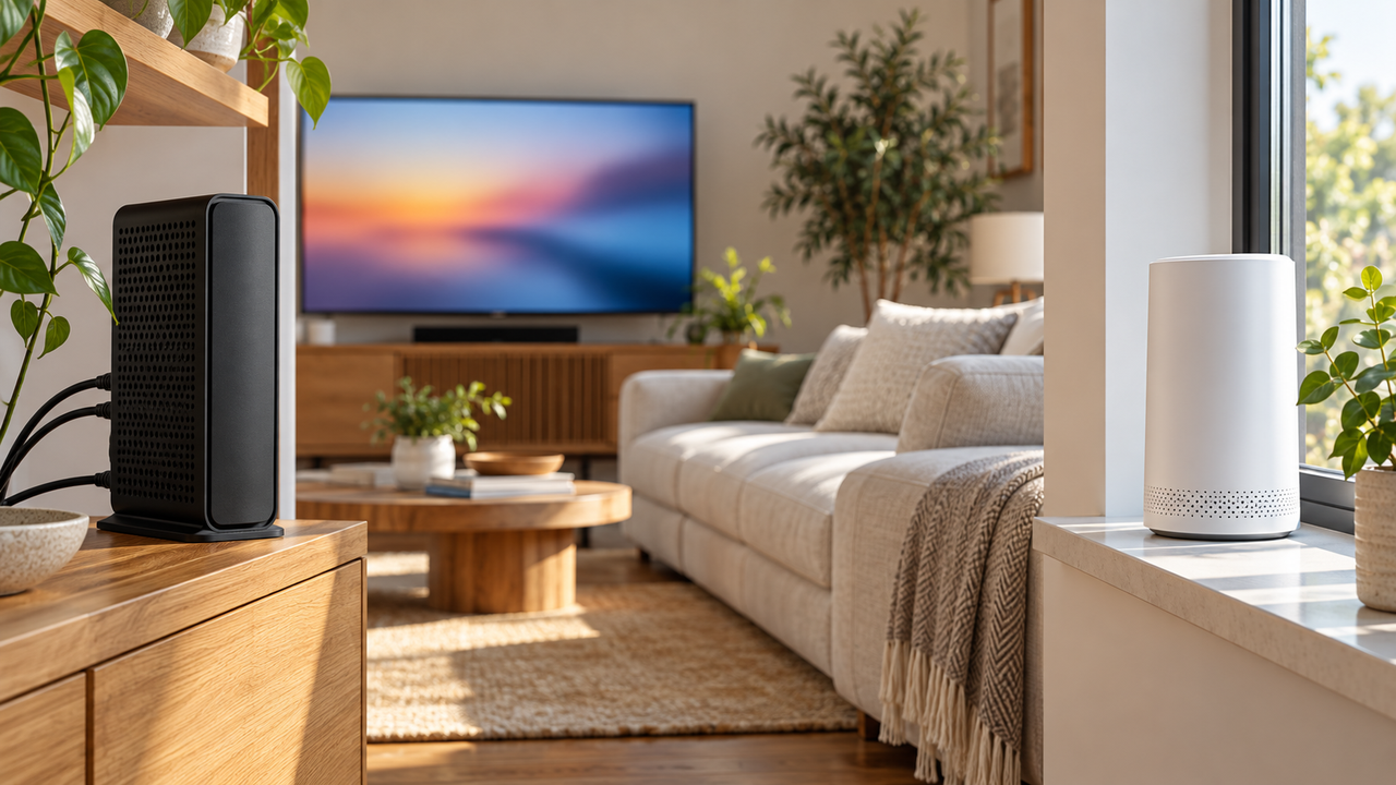Living room with a cable modem on a shelf and a white 5G home internet gateway near a window